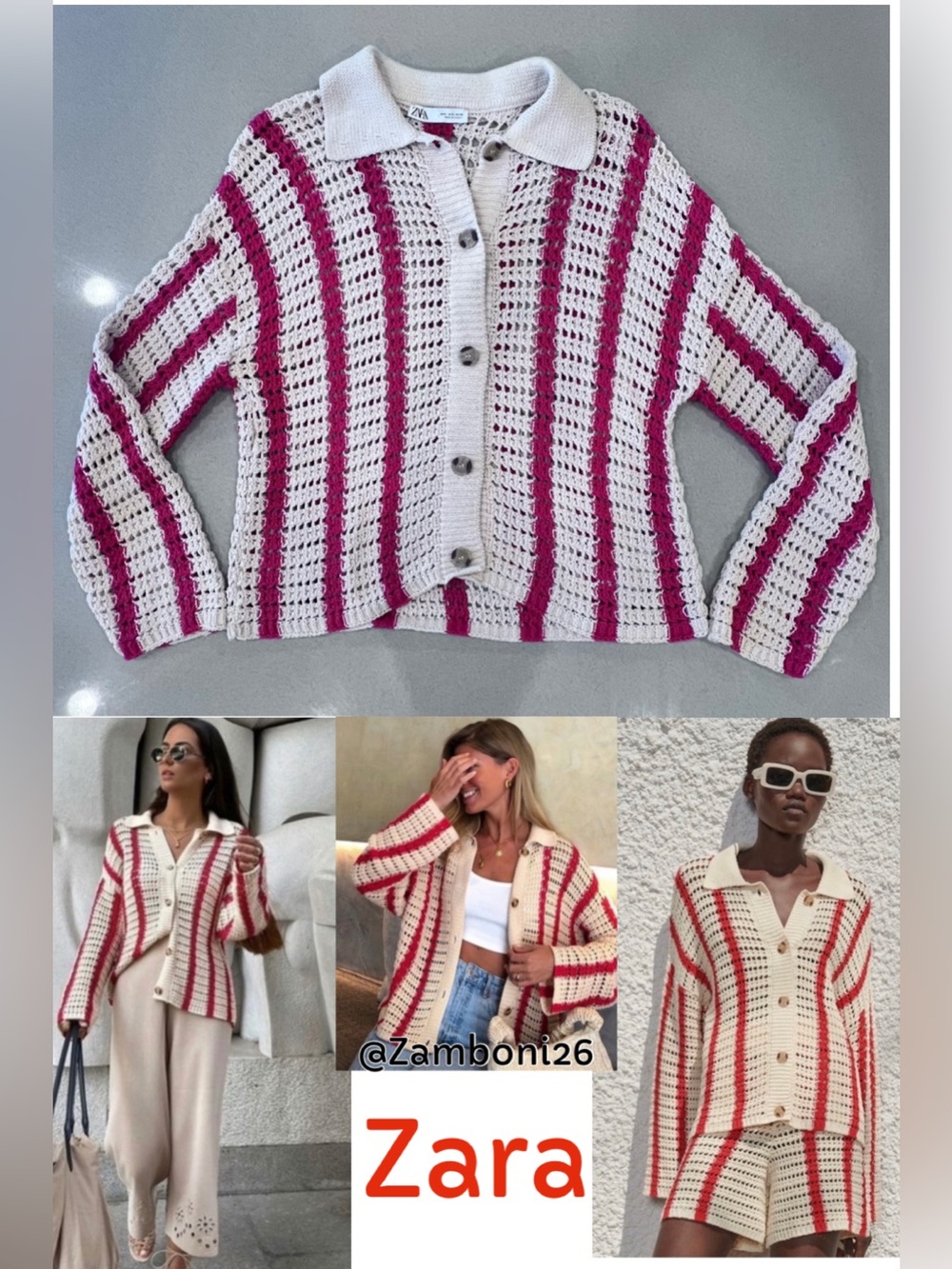 Zara Striped Red & Cream Crochet Button Cardigan Sz Small
